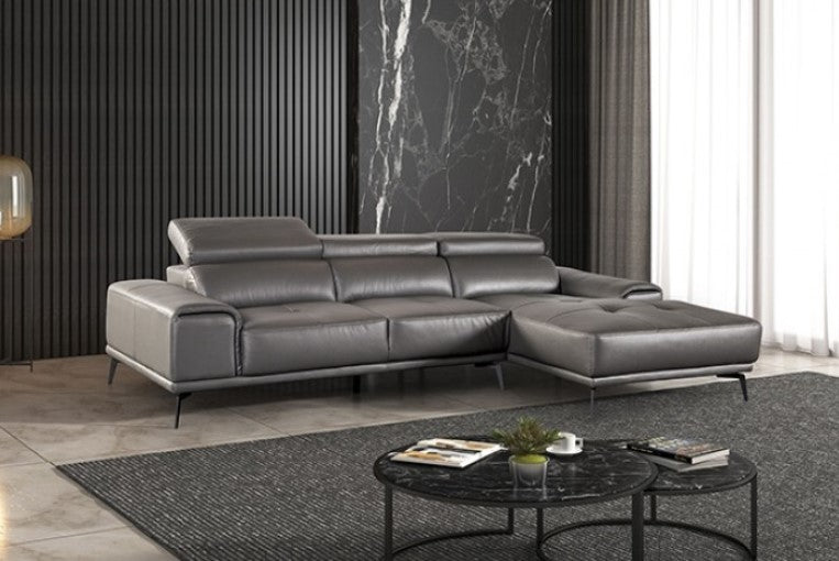 Matteo Modern Style Dark Gray Adjustable Headrest Leather Sectional Sofa