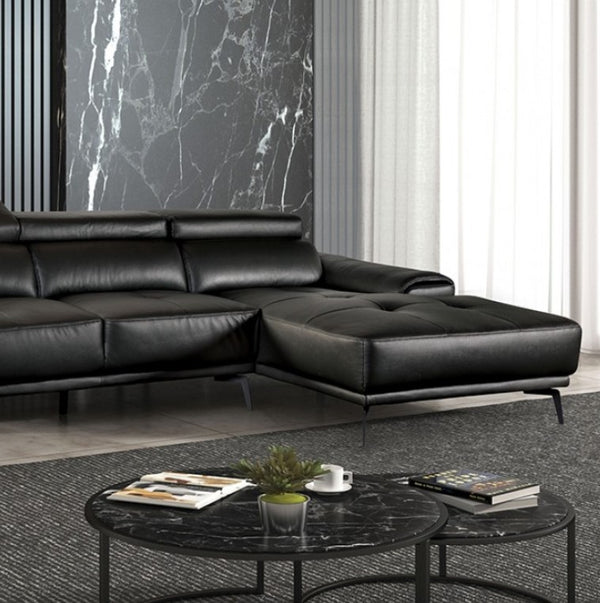 Matteo Modern Style Black Adjustable Headrest Leather Sectional Sofa Modern black leather sectional sofa in a living room with marble coffee table and decor.