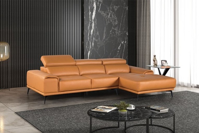 Matteo Modern Style Tangerine Adjustable Headrest Leather Sectional Sofa Brown leather sectional sofa in a modern living room with a marble wall and glass coffee table.