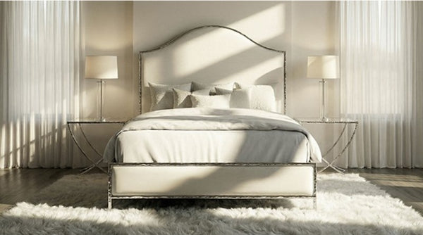 Melan Fabric Chrome Metal Two Tone Bed Modern bedroom with a bed, nightstands, and lamps in a neutral color scheme.