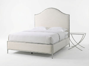 Melan Fabric Chrome Metal Two Tone Bed White upholstered bed with a matching nightstand on a white background