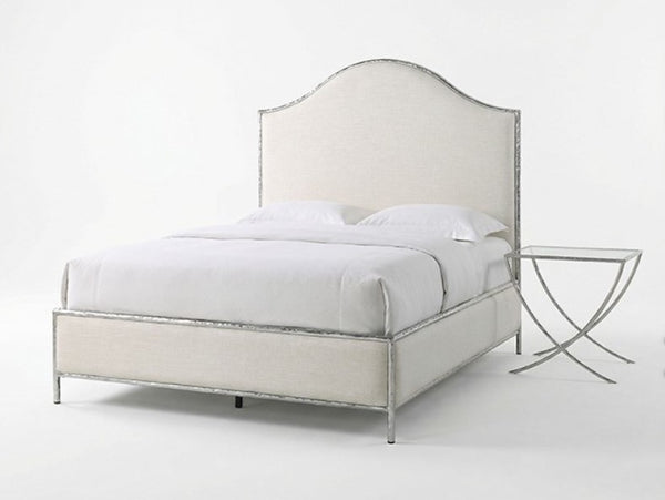 Melan Fabric Chrome Metal Two Tone Bed White upholstered bed with a matching nightstand on a white background