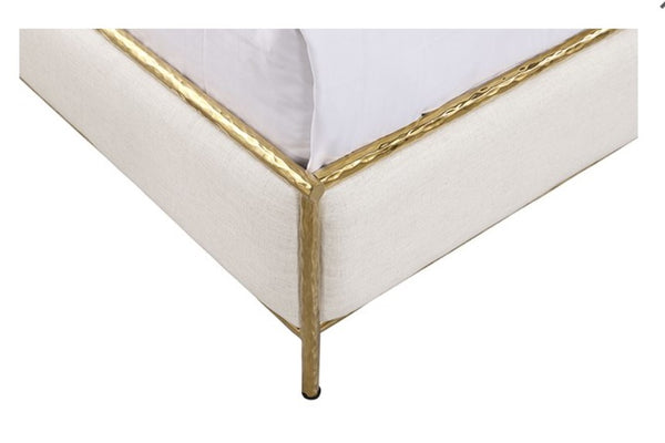 Melan Fabric Metal Two Tone Bed White upholstered bed with gold metal frame on a white background