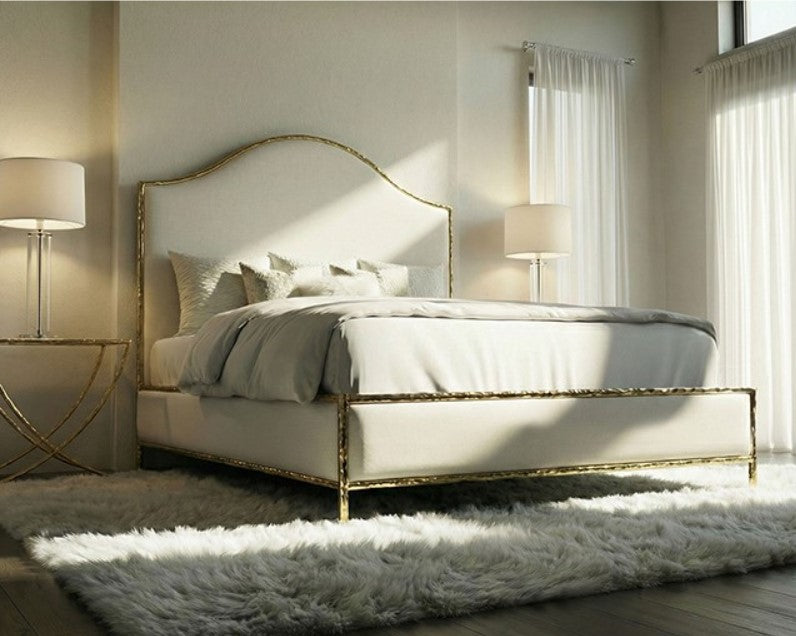 Melan Fabric Metal Two Tone Bed Neatly made bed with gold headboard in a bright bedroom