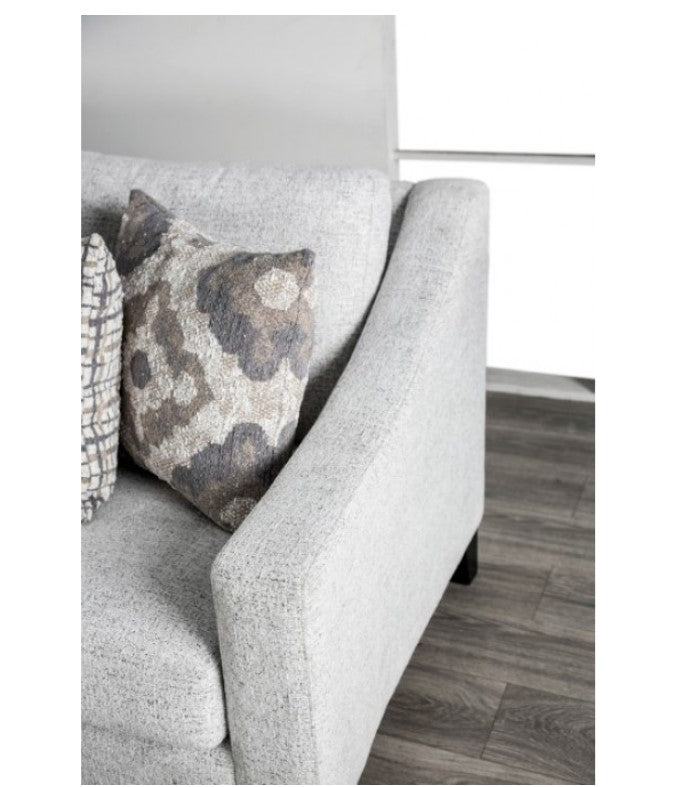 Mercia Sloped Track Arm Sofa Gray sofa with patterned cushions in a living room setting