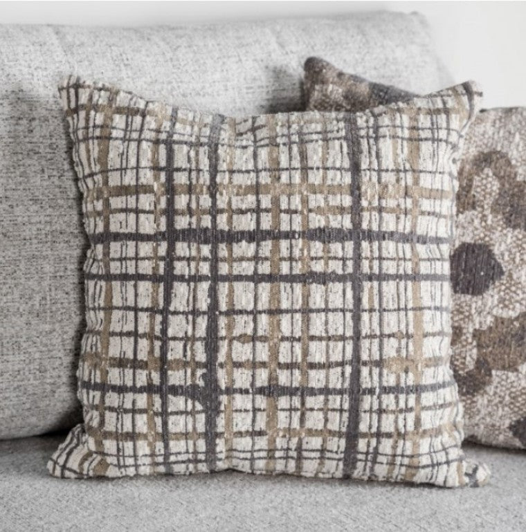 Mercia Sloped Track Arm Sofa Gray sofa with patterned cushions in a living room setting