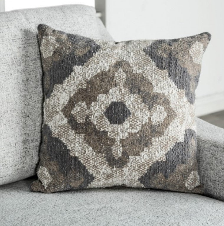 Mercia Sloped Track Arm Loveseat 
Gray Loveseat with patterned cushions in a living room setting