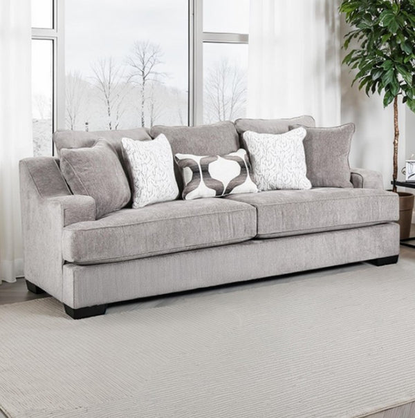 Mika Oversized Transitional Style Sofa Gray sofa with decorative pillows in a living room setting