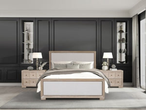 Montague Cross Modern Classic Fabric Tawny Bed A modern bedroom featuring a light wood and upholstered bed frame, flanked by matching nightstands with lamps, set against a dark paneled wall.