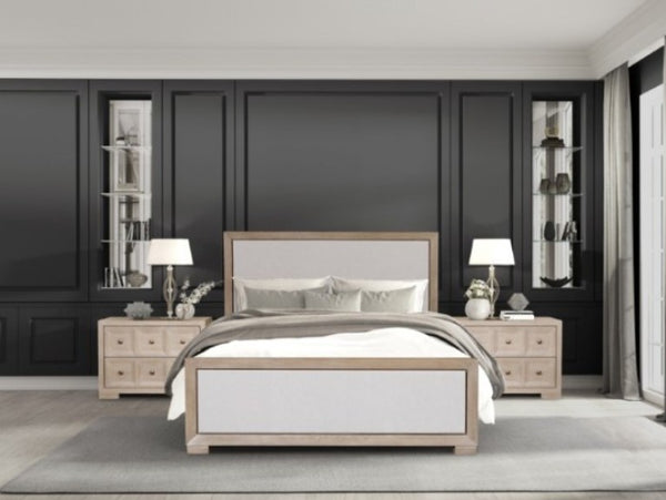 Montague Cross Modern Classic Fabric Tawny Bed A modern bedroom featuring a light wood and upholstered bed frame, flanked by matching nightstands with lamps, set against a dark paneled wall.