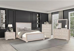 Montague Cross Modern Classic Fabric Tawny Bed Neatly arranged bedroom with a bed, dresser, and nightstands.