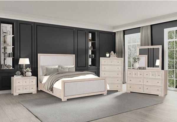 Montague Cross Modern Classic Fabric Tawny Bed Neatly arranged bedroom with a bed, dresser, and nightstands.