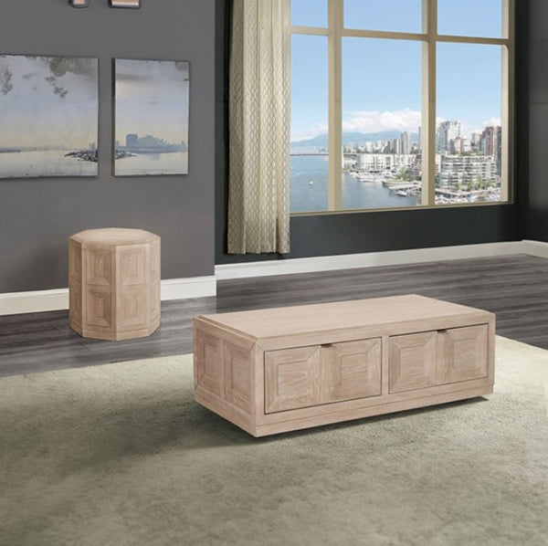 Montague Cross Modern Style Tawny Coffee Table Wooden coffee table with storage drawers in a room with large windows and cityscape view.