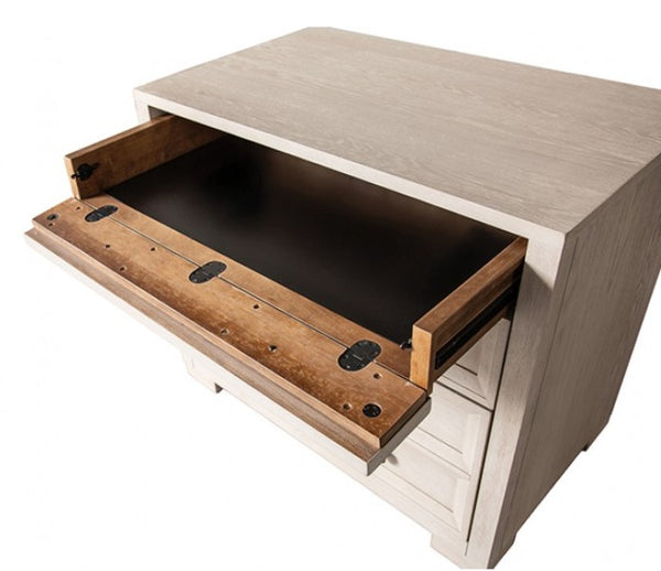 Montague Cross Modern Classic Tawny Credenza A light gray wood-grain cabinet with one drawer pulled open to reveal a dark interior and a wooden pull panel with black hardware, shown on a white background.