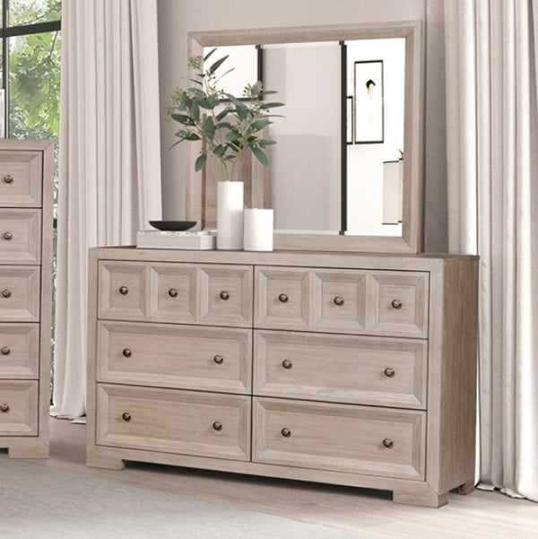 Montague Cross Modern Classic Tawny Dresser A light beige wood dresser with six drawers and a matching rectangular mirror, styled in a bedroom setting with curtains, candles, and a plant.