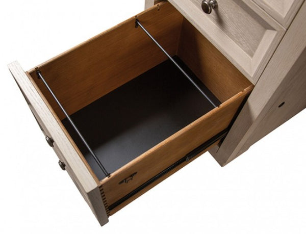 Montague Cross Modern Classic Tawny Executive Desk Close-up of a wooden drawer with one drawer pulled open, showing the interior, metal pull cords, and a black drawer liner on a white background.