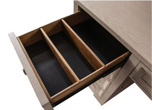 Montague Cross Modern Classic Tawny Executive Desk An open drawer with a light wood exterior, three interior divider compartments, and black felt lining, shown on a white background.