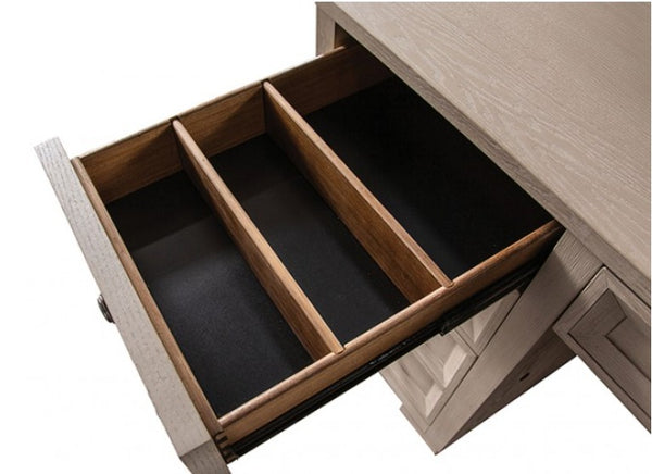 Montague Cross Modern Classic Tawny Executive Desk An open drawer with a light wood exterior, three interior divider compartments, and black felt lining, shown on a white background.