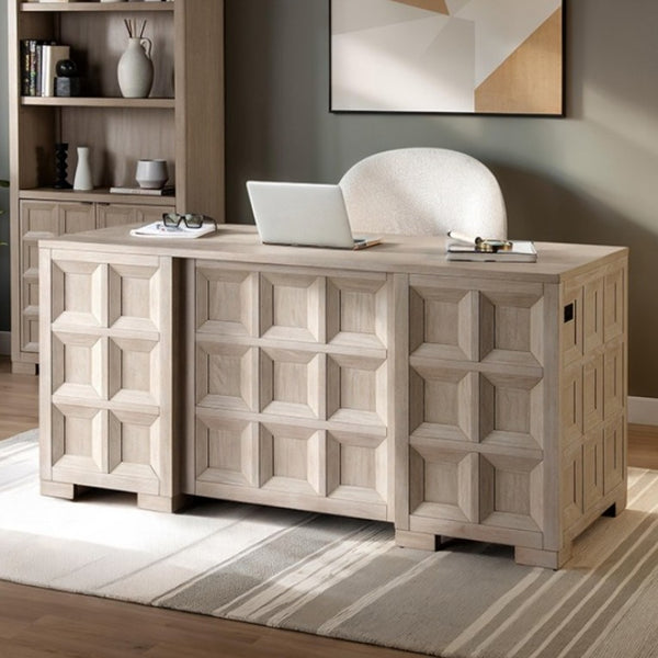 Montague Cross Modern Classic Tawny Executive Desk Wooden desk with geometric pattern in a home office setting