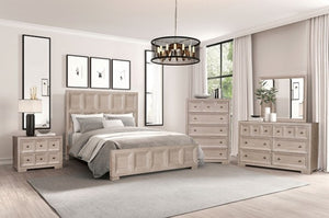 Montague Cross Modern Classic Tawny Oversized Nightstand A light beige wood bedroom furniture set in a bright, modern bedroom, including a bed frame, nightstand, dresser, chest, and mirror, styled with gray bedding and a gray rug.