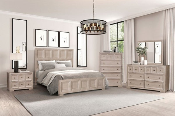 Montague Cross Modern Classic Tawny Oversized Nightstand A light beige wood bedroom furniture set in a bright, modern bedroom, including a bed frame, nightstand, dresser, chest, and mirror, styled with gray bedding and a gray rug.