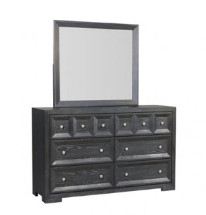 Montague Cross Modern Classic Weathered Black Dresser A dark gray wooden dresser with six drawers and a matching rectangular mirror, shown on a plain white background.