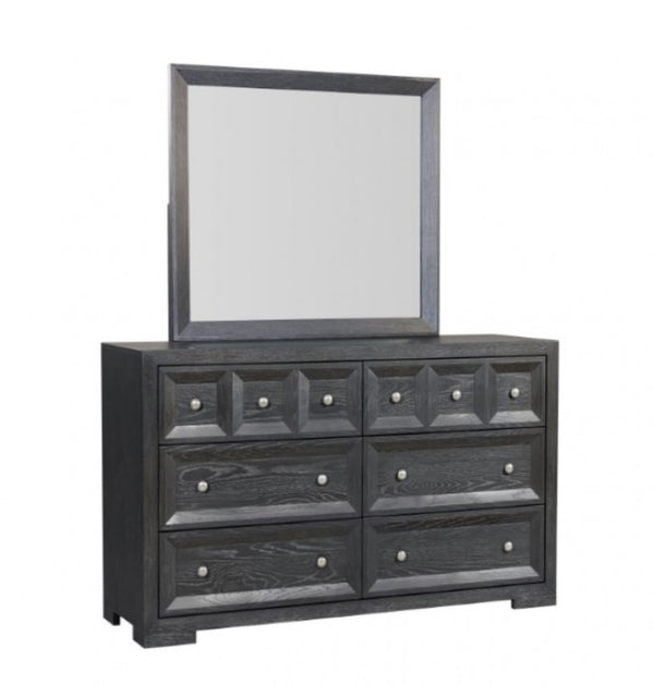Montague Cross Modern Classic Weathered Black Dresser A dark gray wooden dresser with six drawers and a matching rectangular mirror, shown on a plain white background.