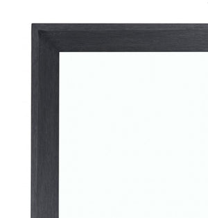 Montague Cross Modern Classic Weathered Black Mirror Close-up of a square mirror frame corner in a dark charcoal gray wood finish, showing the textured grain against a plain white background.