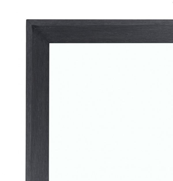 Montague Cross Modern Classic Weathered Black Mirror Close-up of a square mirror frame corner in a dark charcoal gray wood finish, showing the textured grain against a plain white background.