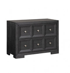 Montague Cross Modern Classic Weathered Black Oversized Nightstand A dark charcoal gray wooden chest of drawers with six drawers arranged in two rows of three, featuring recessed panel details and small round metallic knobs, shown on a plain white background.
