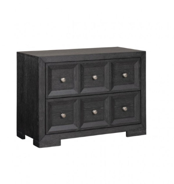 Montague Cross Modern Classic Weathered Black Oversized Nightstand A dark charcoal gray wooden chest of drawers with six drawers arranged in two rows of three, featuring recessed panel details and small round metallic knobs, shown on a plain white background.