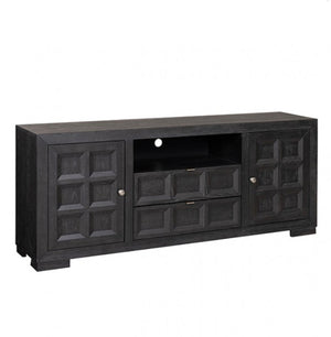 Montague Cross Modern Style Black TV Stand 72" A black wood TV stand or media console with two paneled side doors, a central open shelf, and two drawers, shown on a plain white background.