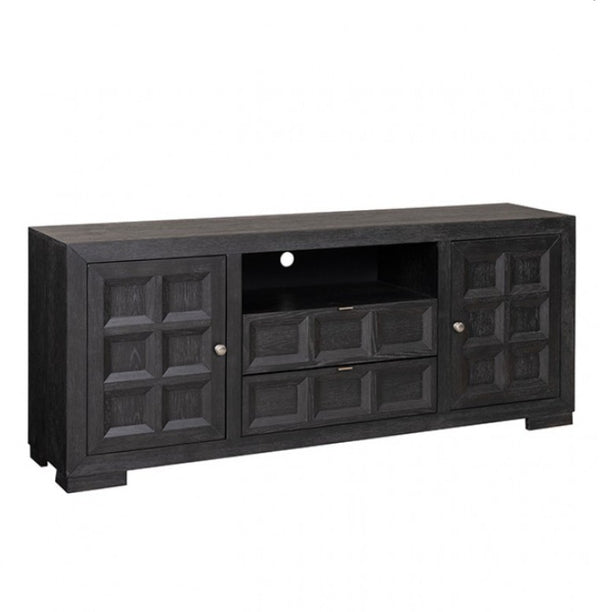 Montague Cross Modern Style Black TV Stand 72" A black wood TV stand or media console with two paneled side doors, a central open shelf, and two drawers, shown on a plain white background.