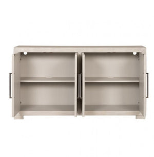 Montague Cross Modern Style Dining Server A two-door wall cabinet with open doors, featuring two interior shelves and a light beige finish, shown against a plain white background.