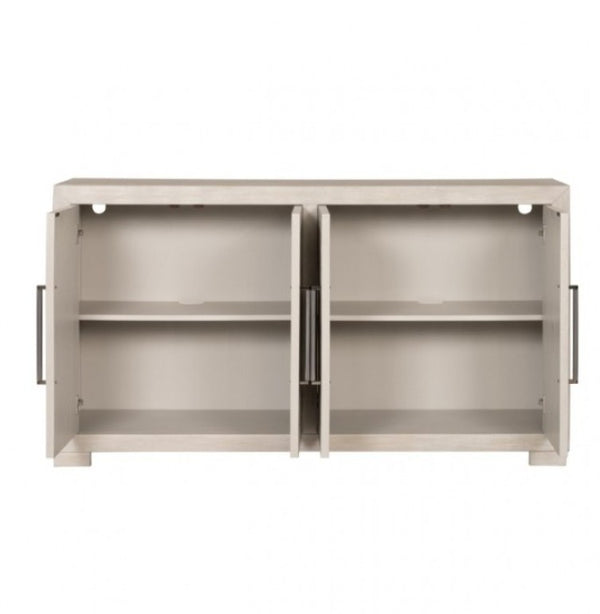 Montague Cross Modern Style Dining Server A two-door wall cabinet with open doors, featuring two interior shelves and a light beige finish, shown against a plain white background.