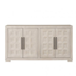 Montague Cross Modern Style Dining Server A light beige wood sideboard cabinet with four doors featuring a raised geometric pattern and dark metal bar handles, shown against a plain white background.