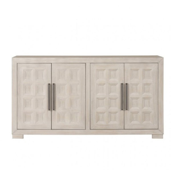 Montague Cross Modern Style Dining Server A light beige wood sideboard cabinet with four doors featuring a raised geometric pattern and dark metal bar handles, shown against a plain white background.