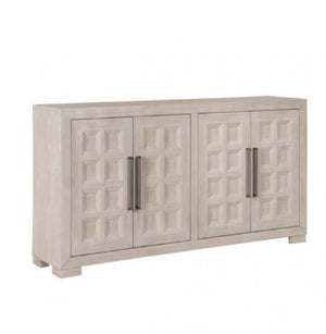 Montague Cross Modern Style Dining Server A light gray wood sideboard cabinet with four doors featuring a raised geometric pattern and slim dark metal handles, shown on a plain white background.