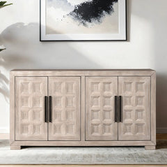 Montague Cross Modern Style Dining Server Wooden cabinet with decorative doors and black handles in a room with a painting on the wall.