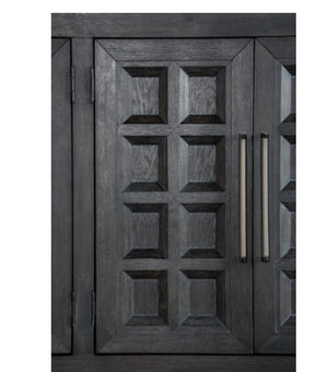 Montague Cross Modern Style Weathered Black Dining Server Dark charcoal gray wood cabinet doors with a raised geometric paneled design and long vertical brushed metal handles.