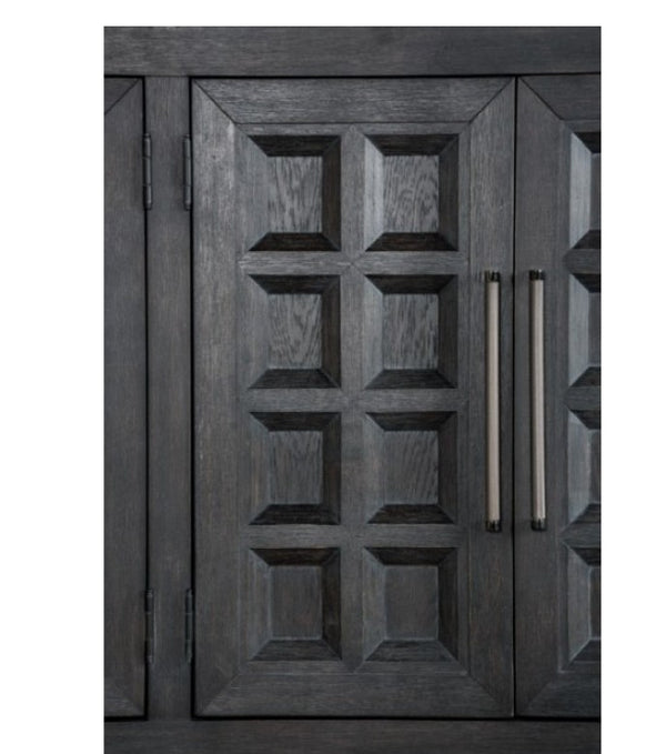 Montague Cross Modern Style Weathered Black Dining Server Dark charcoal gray wood cabinet doors with a raised geometric paneled design and long vertical brushed metal handles.