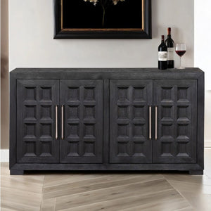 Montague Cross Modern Style Weathered Black Dining Server A dark charcoal gray wooden sideboard cabinet with four paneled doors and vertical metal handles, shown in a styled interior setting with wine bottles and a glass on top.