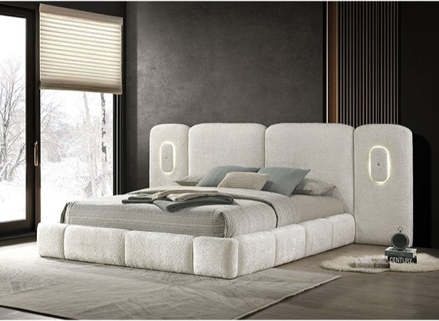 Naiomi Modern Wide LED Headboard Fully Upholstered Bed Modern bed with light gray upholstered headboard in a bedroom setting