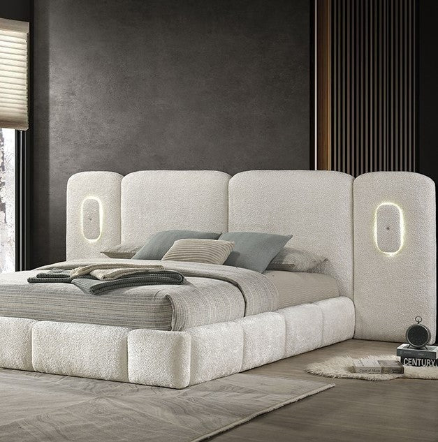 Naiomi Modern Wide LED Headboard Fully Upholstered Bed Modern bed with light gray upholstered headboard in a bedroom setting