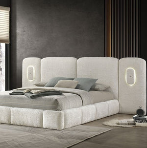 Naiomi Modern Wide LED Headboard Fully Upholstered Bed Modern bed with light gray upholstered headboard in a bedroom setting