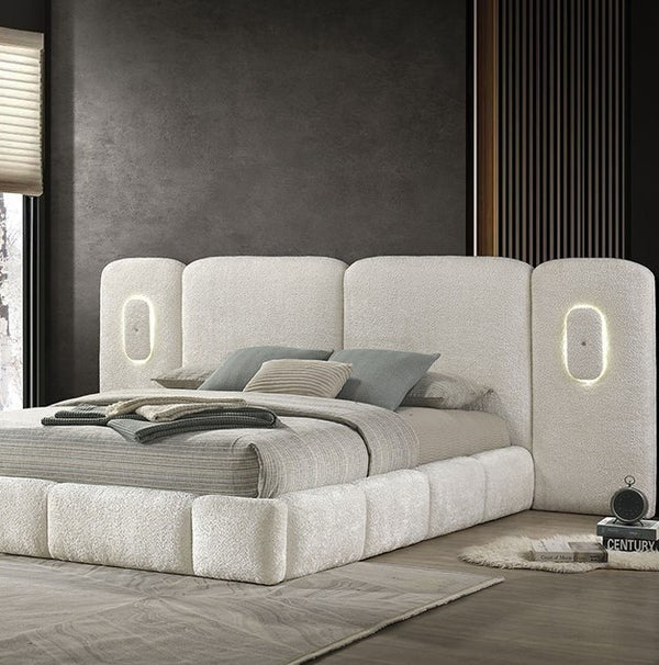 Naiomi Modern Wide LED Headboard Fully Upholstered Bed Modern bed with light gray upholstered headboard in a bedroom setting