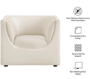 Natalia Alabaster Velvet Fabric Chair Beige armchair with text highlighting features on a white background