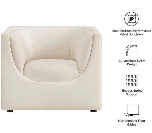 Natalia Alabaster Velvet Fabric Chair Beige armchair with text highlighting features on a white background