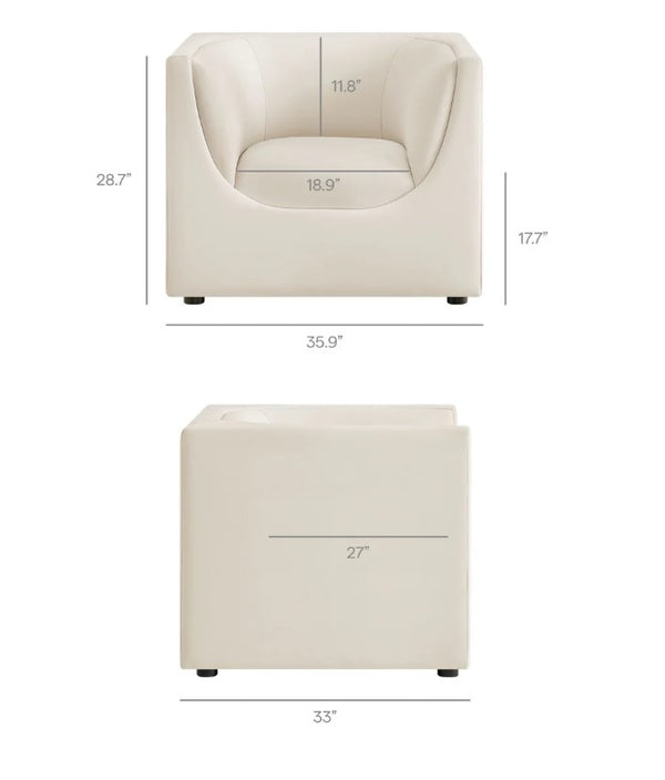 Natalia Alabaster Velvet Fabric Chair Beige armchair with dimensions labeled on a white background