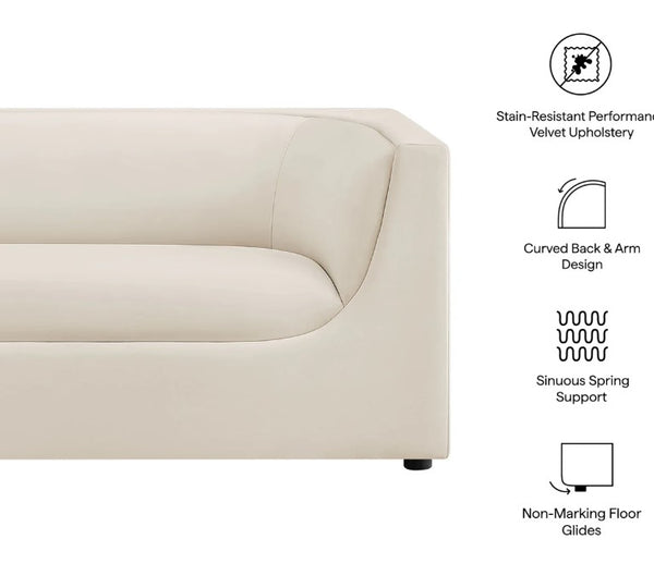 Natalia Alabaster Velvet Fabric Loveseat Beige sofa with text highlighting features on a white background